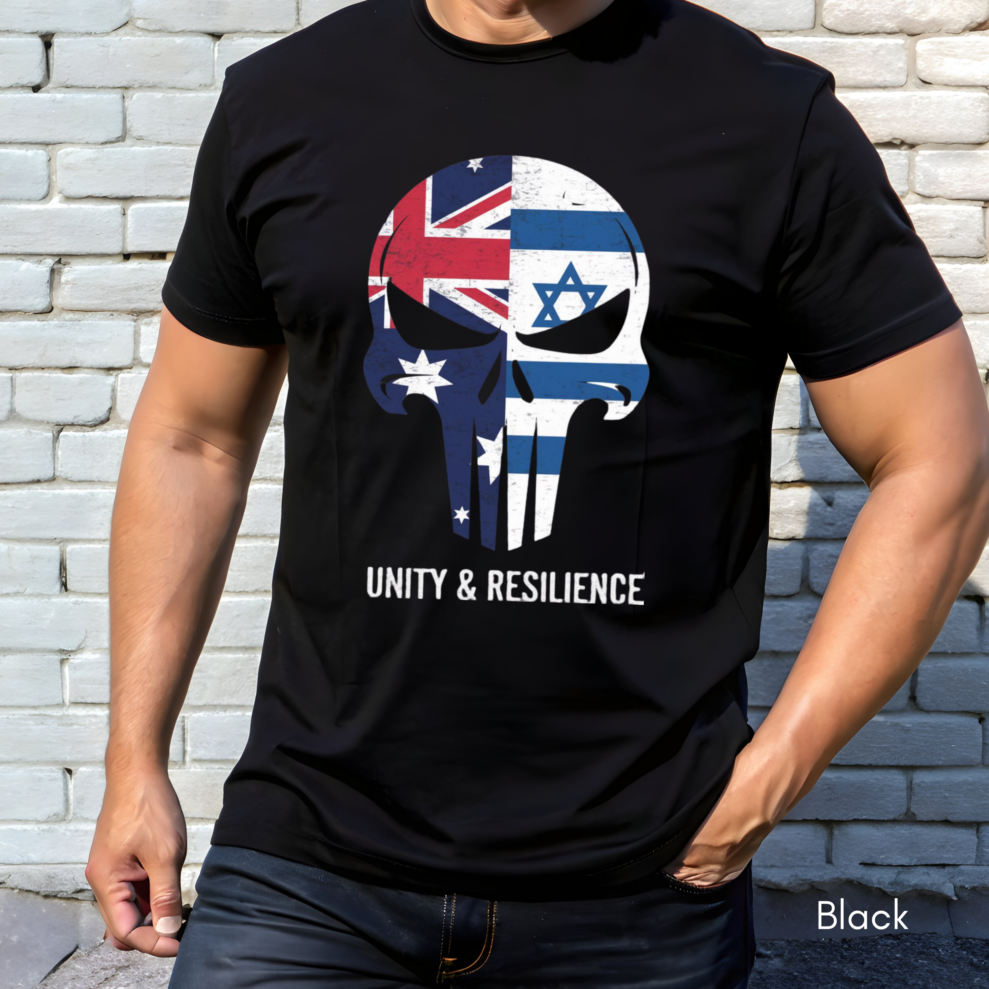 Unity Strength Skull Shirt | Australia Jewish Unity Tee | Warrior Mask Design | Bella Canvas 3001 | Stronger Together Bondi Memorial Tshirt