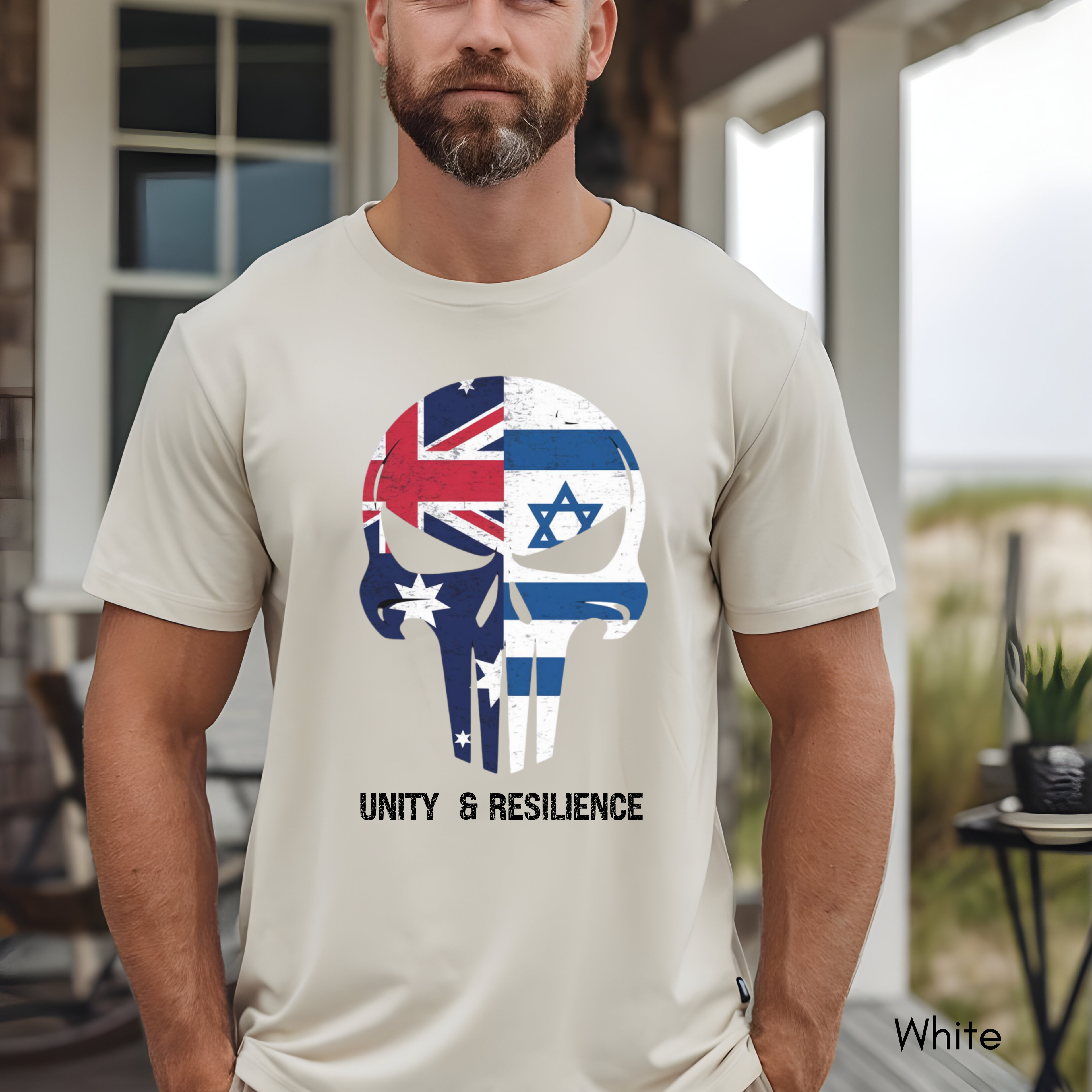 Unity Strength Skull Shirt | Australia Jewish Unity Tee | Warrior Mask Design | Bella Canvas 3001 | Stronger Together Bondi Memorial Tshirt