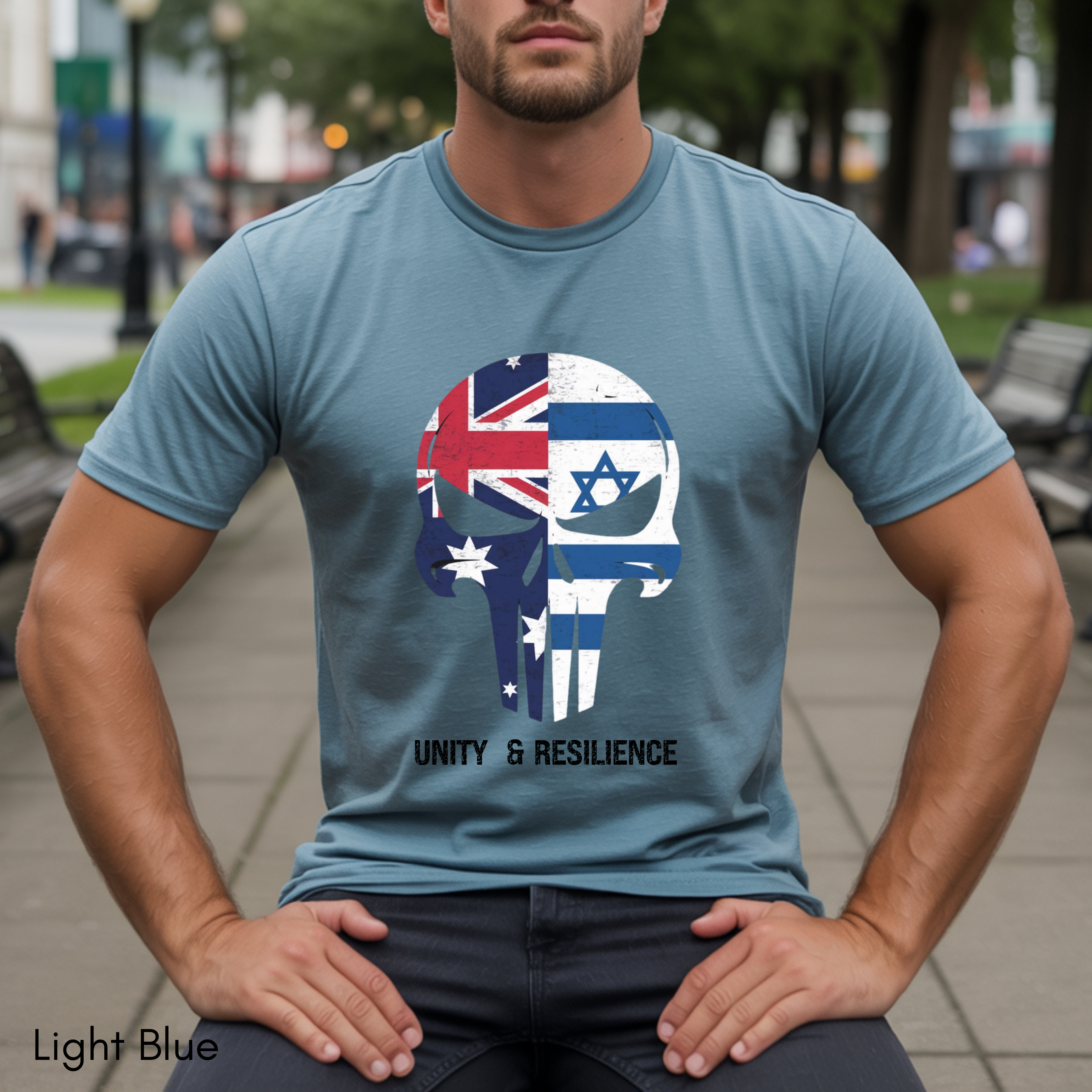 Unity Strength Skull Shirt | Australia Jewish Unity Tee | Warrior Mask Design | Bella Canvas 3001 | Stronger Together Bondi Memorial Tshirt