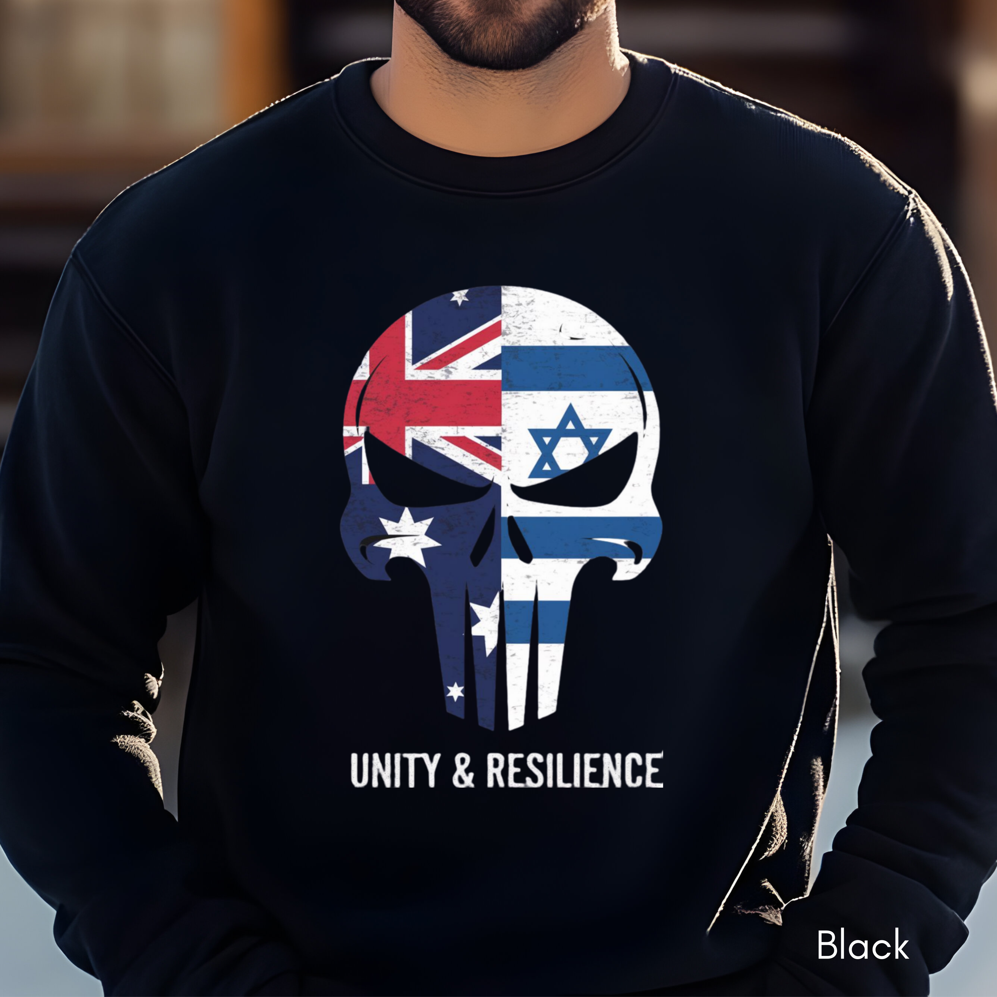 Unity Strength Sweatshirt | Australia Jewish Unity Crewneck | Warrior Skull Mask | Gildan 18000 | Strength & Resilience Unisex Sweatshirt