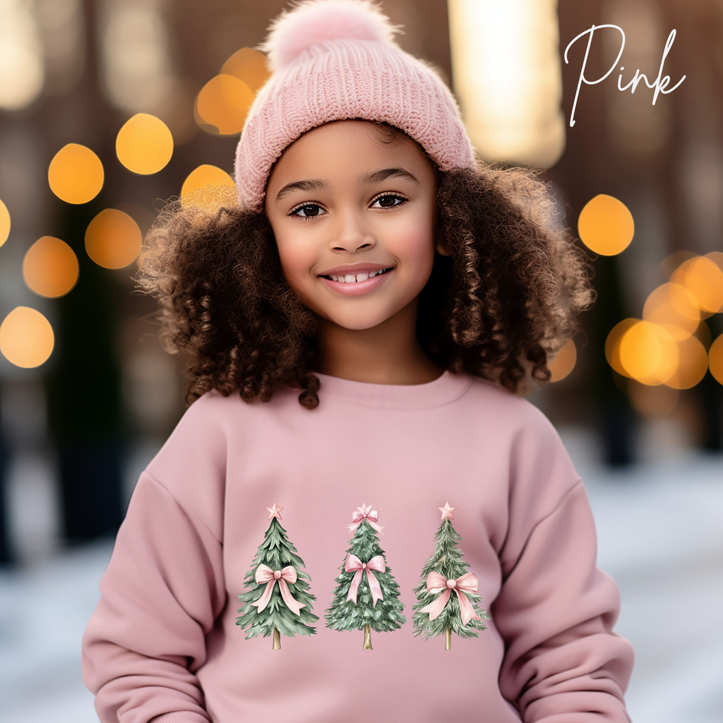Cute Kids Christmas Sweatshirt | Christmas Tree with Coquette Bows Gildan 18000B Sweatshirt