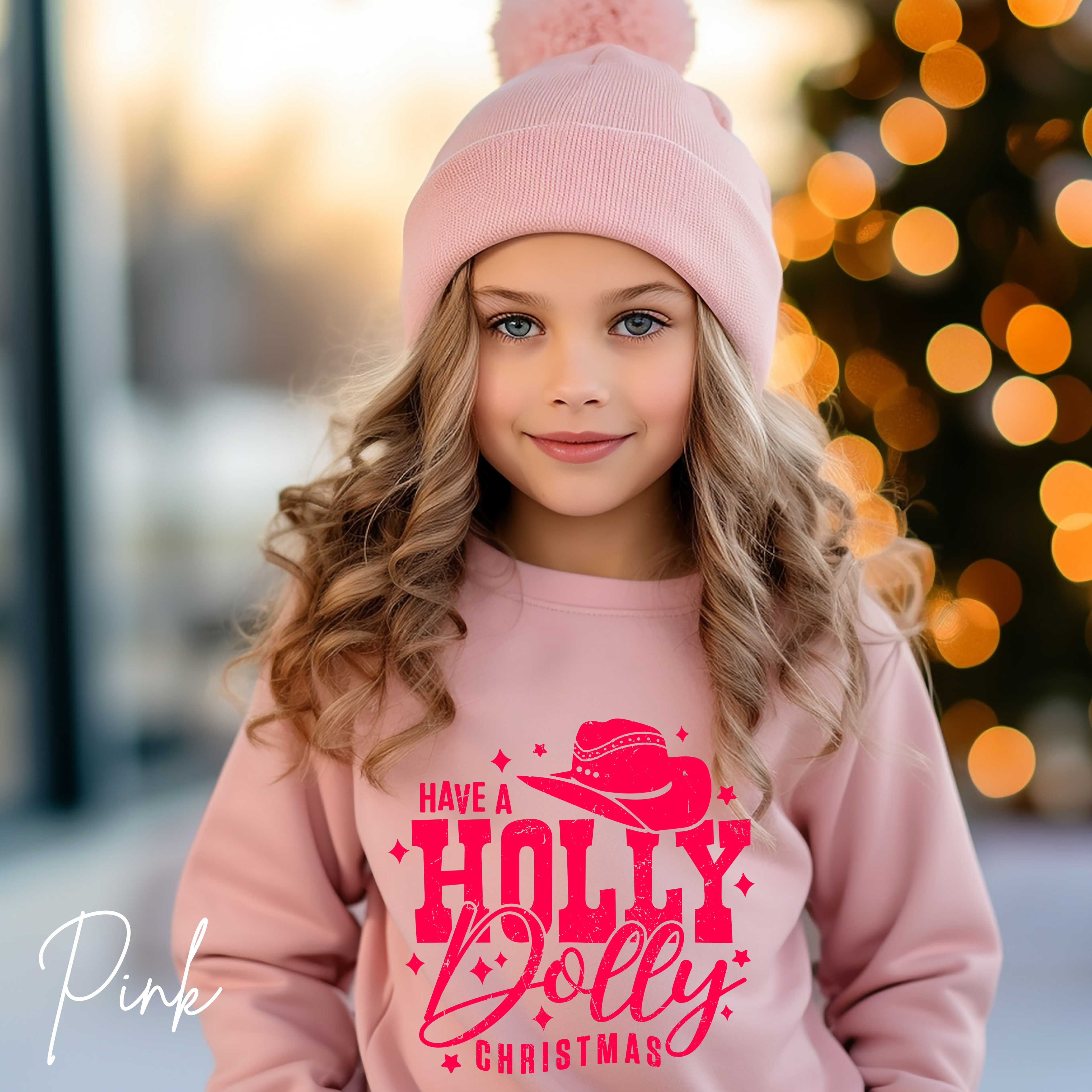 Kids Have a Holly Dolly Christmas Sweatshirt | Hot Pink Western Holiday Design Gildan 18000B Sweatshirt