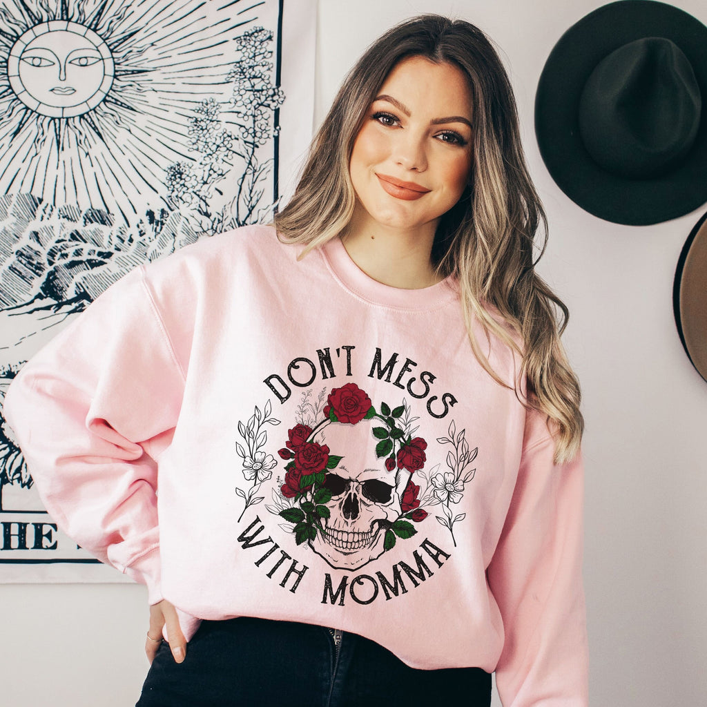 Skull and Rose Mom Sweatshirt | Don’t Mess With Momma Graphic Gildan 18000 Sweatshirt