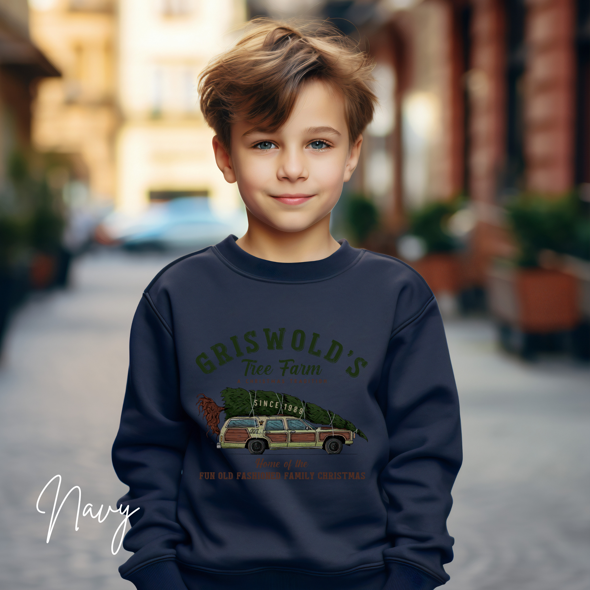 Griswold Family Christmas Kids Sweatshirt | Tree Farm Station Wagon Design Gildan 18000B Sweatshirt