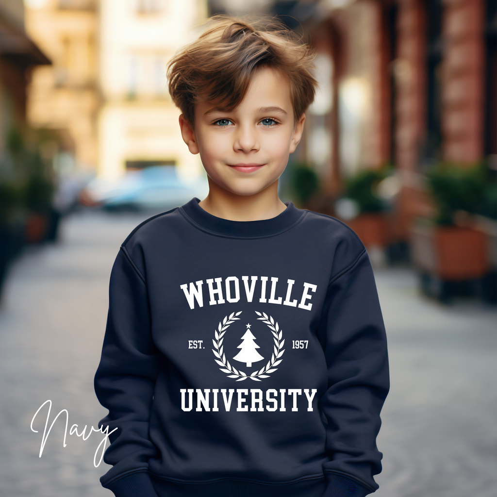 Kids Whoville University Sweatshirt | Christmas Grinch-Inspired Holiday Kids Gildan 18000B Sweatshirt