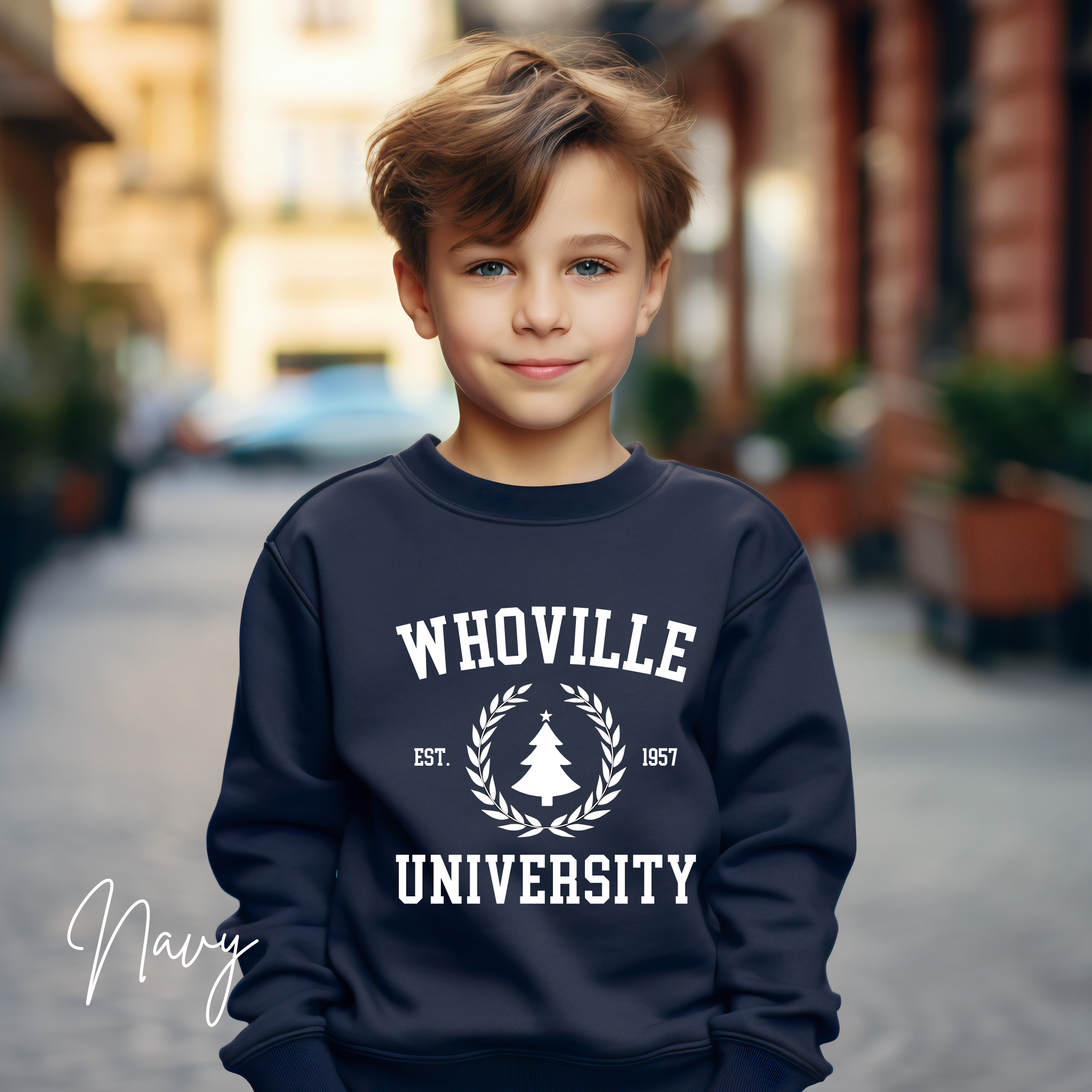 Kids Whoville University Sweatshirt | Christmas Grinch-Inspired Holiday Kids Gildan 18000B Sweatshirt