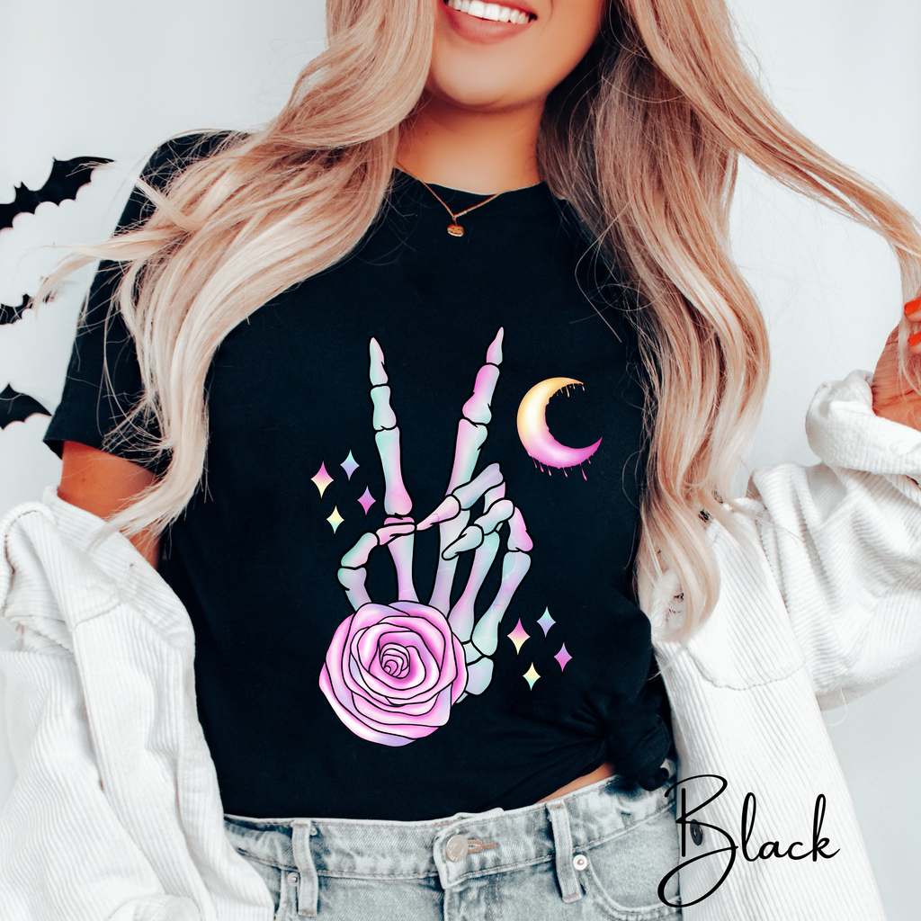 Skeleton Peace Sign Shirt with Crystals | Witchy Boho Graphic Bella Canvas 3001 Tshirt