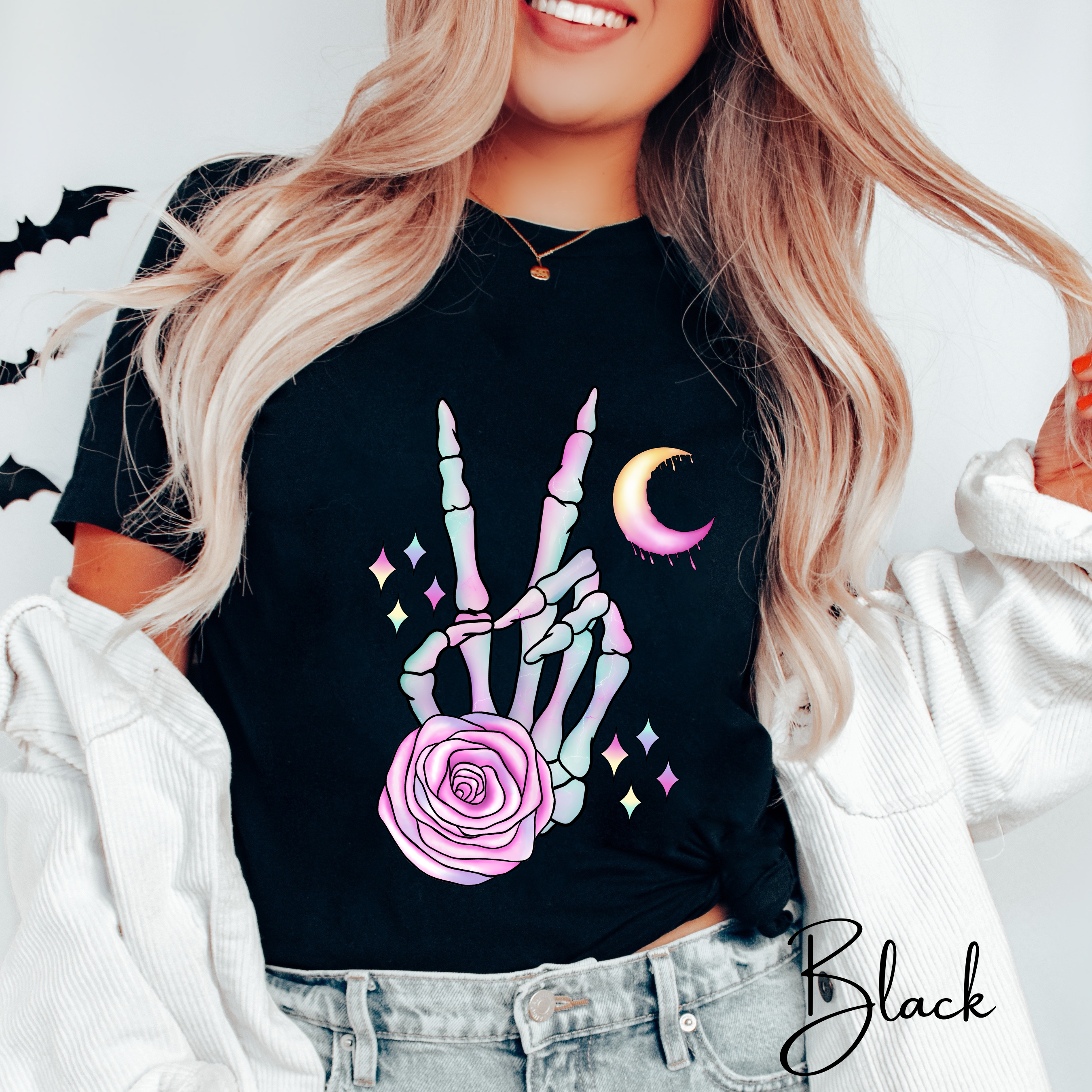 Skeleton Peace Sign Shirt with Crystals | Witchy Boho Graphic Bella Canvas 3001 Tshirt