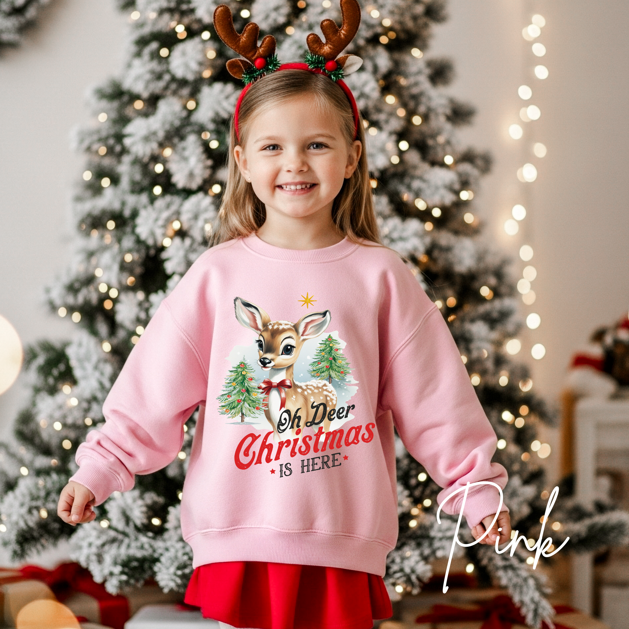 ❄️🦌 Kids "Oh Deer Christmas is Here" Vintage Snowy Deer Gildan 18000B Sweatshirt