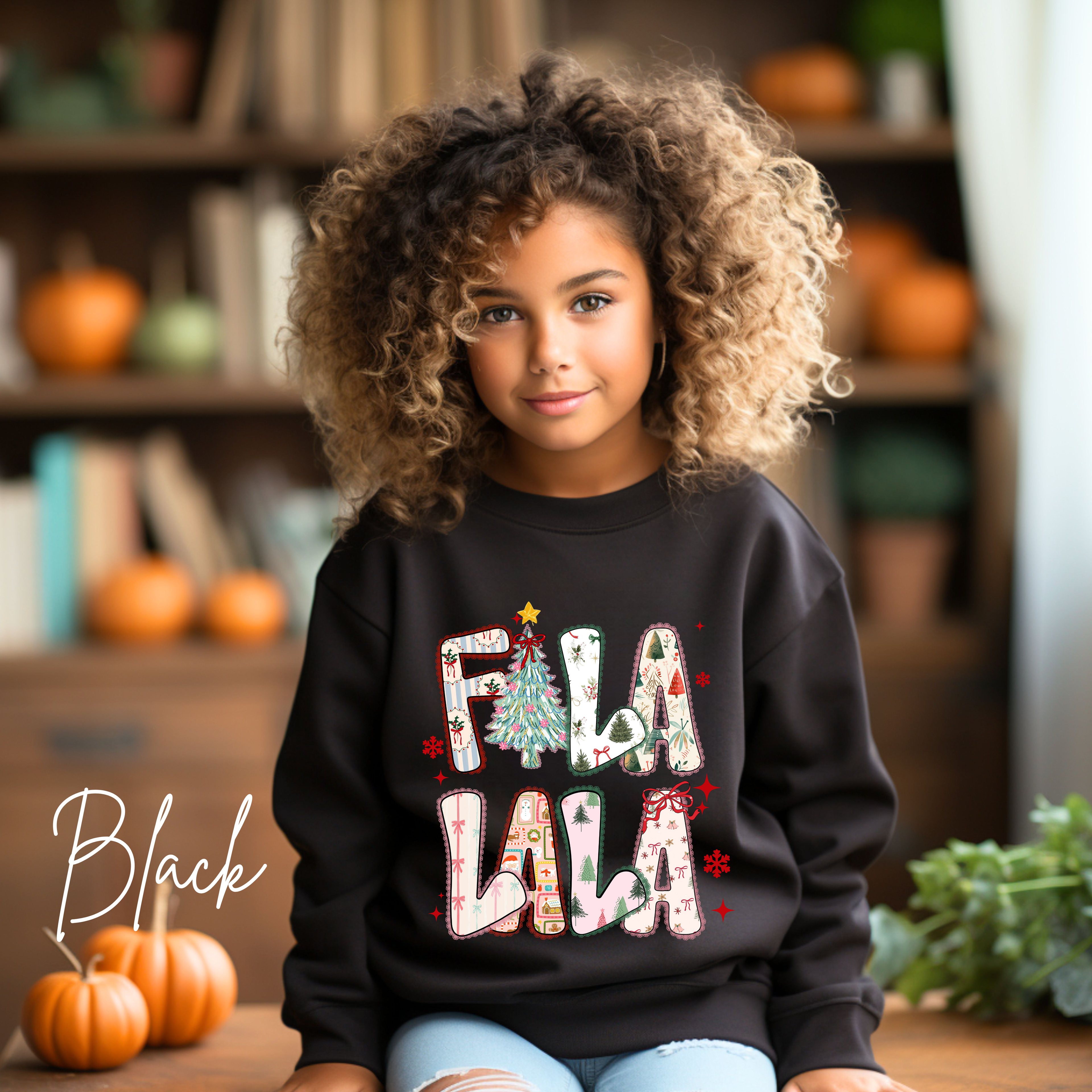 Kids Fa La La Christmas Sweatshirt | Festive Holiday Gildan 18000B Sweatshirt