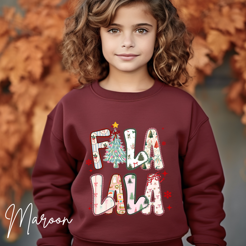 Kids Fa La La Christmas Sweatshirt | Festive Holiday Gildan 18000B Sweatshirt