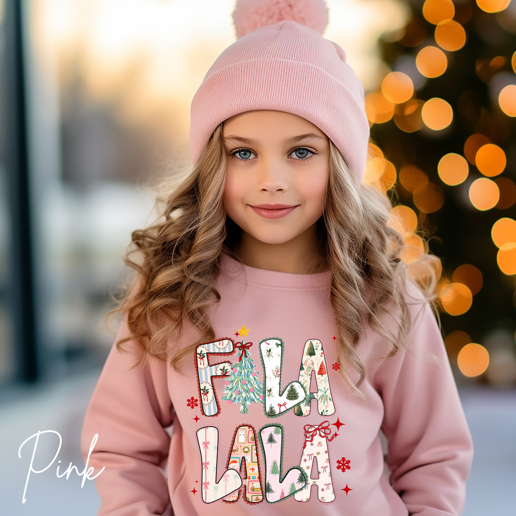 Kids Fa La La Christmas Sweatshirt | Festive Holiday Gildan 18000B Sweatshirt