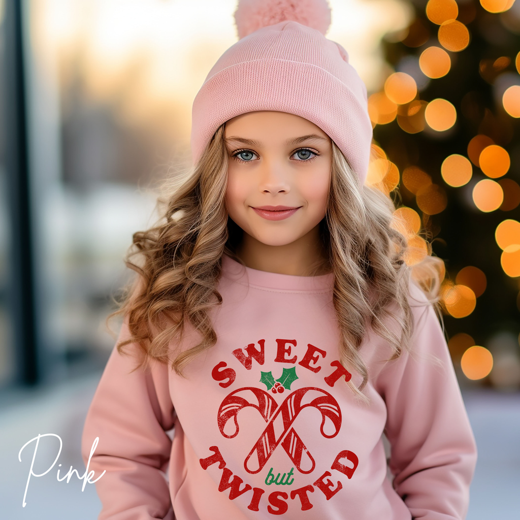 Sweet but Twisted Kids Christmas Sweatshirt 🍬 | Candy Cane Holiday Pullover | Cute Christmas Outfit Gildan 18000B Sweatshirt