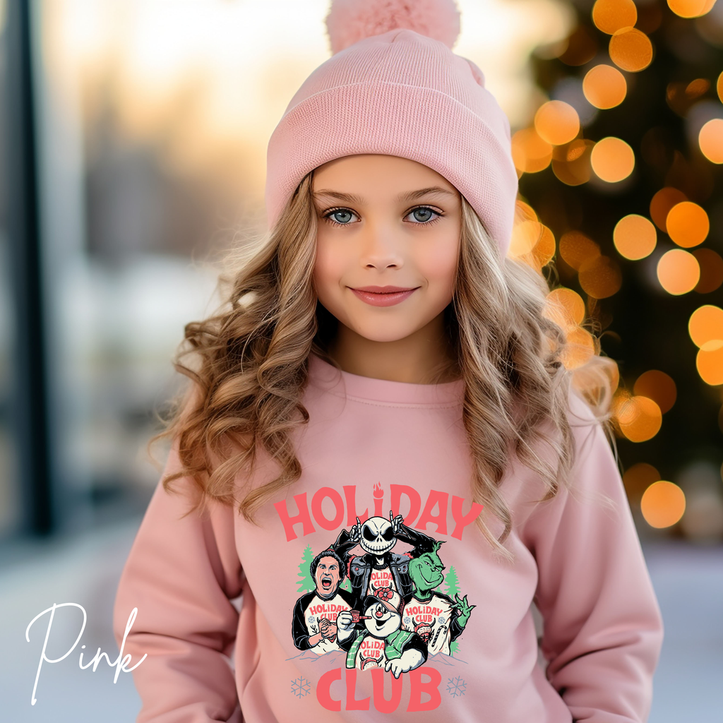 Holiday Club Kids Christmas Sweatshirt 🎅 | Buddy the Elf, Grinch, Jack Skellington & Frosty Gildan 18000B Sweatshirt