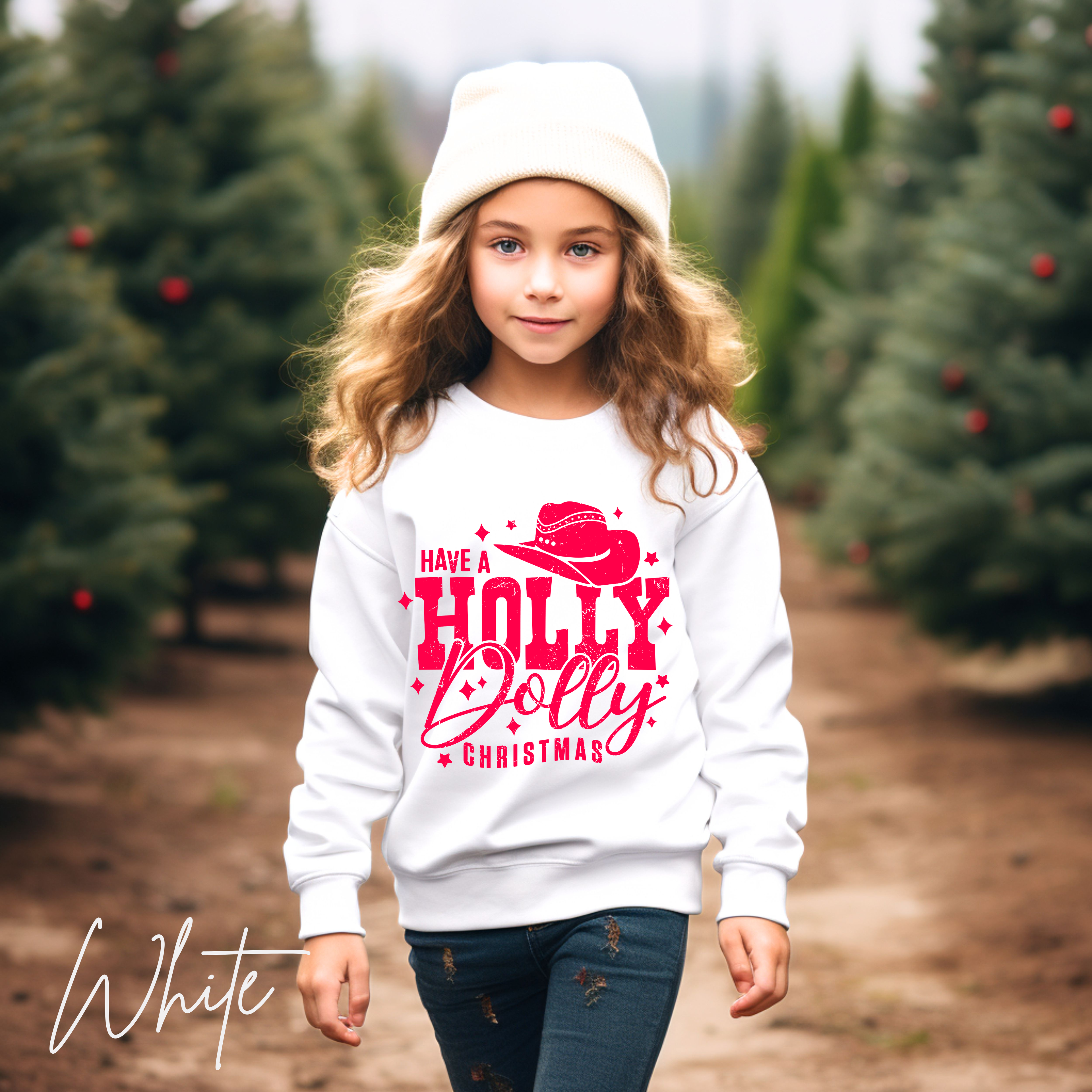 Kids Have a Holly Dolly Christmas Sweatshirt | Hot Pink Western Holiday Design Gildan 18000B Sweatshirt