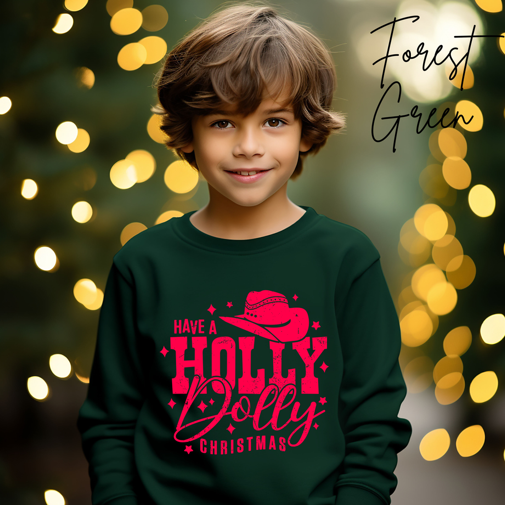Kids Have a Holly Dolly Christmas Sweatshirt | Hot Pink Western Holiday Design Gildan 18000B Sweatshirt