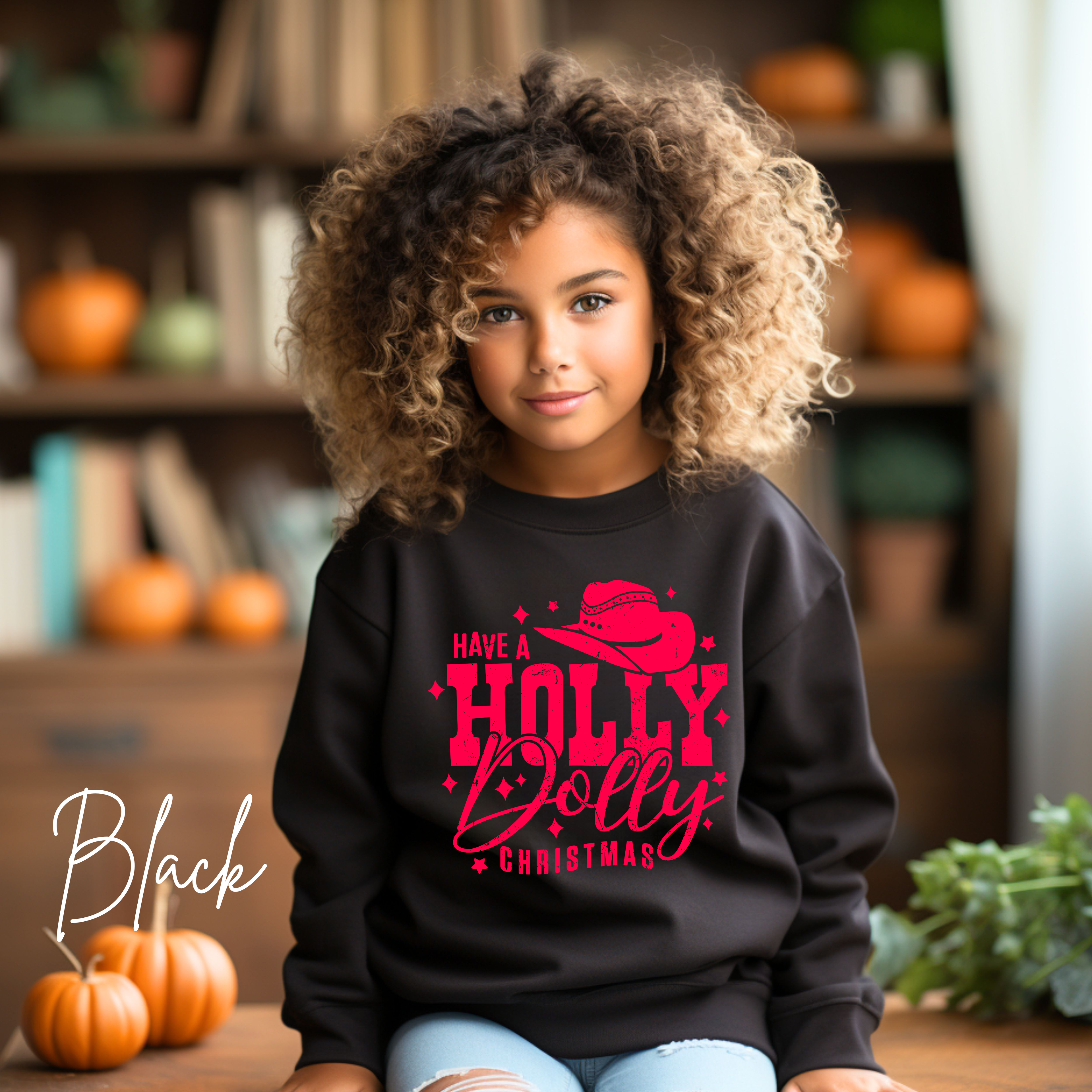 Kids Have a Holly Dolly Christmas Sweatshirt | Hot Pink Western Holiday Design Gildan 18000B Sweatshirt