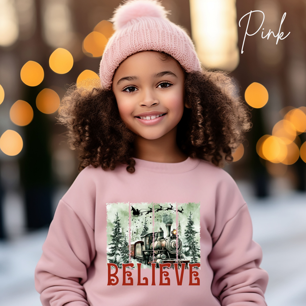 Believe Kids Christmas Sweatshirt | Magical Polar Express Holiday Pullover Gildan 18000B Sweatshirt
