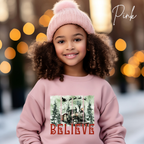 Believe Kids Christmas Sweatshirt | Magical Polar Express Holiday Pullover Gildan 18000B Sweatshirt