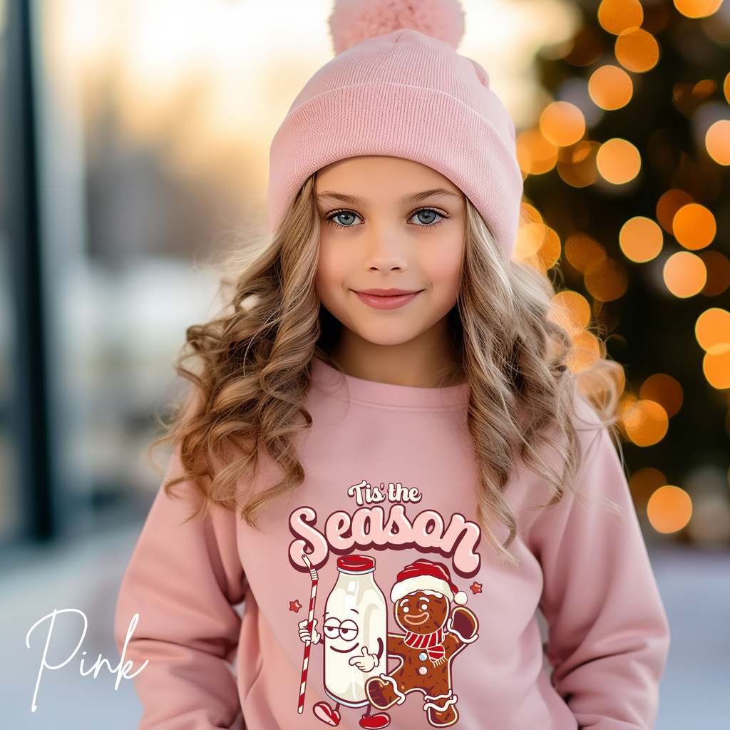 ’Tis the Season Kids Christmas Sweatshirt 🍪 | Retro Gingerbread & Milk Holiday  Gildan 18000B Sweatshirt