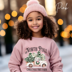 Kids North Pole Christmas Tree Farm Sweatshirt | Vintage Truck Holiday Kids Gildan 18000B Sweatshirt