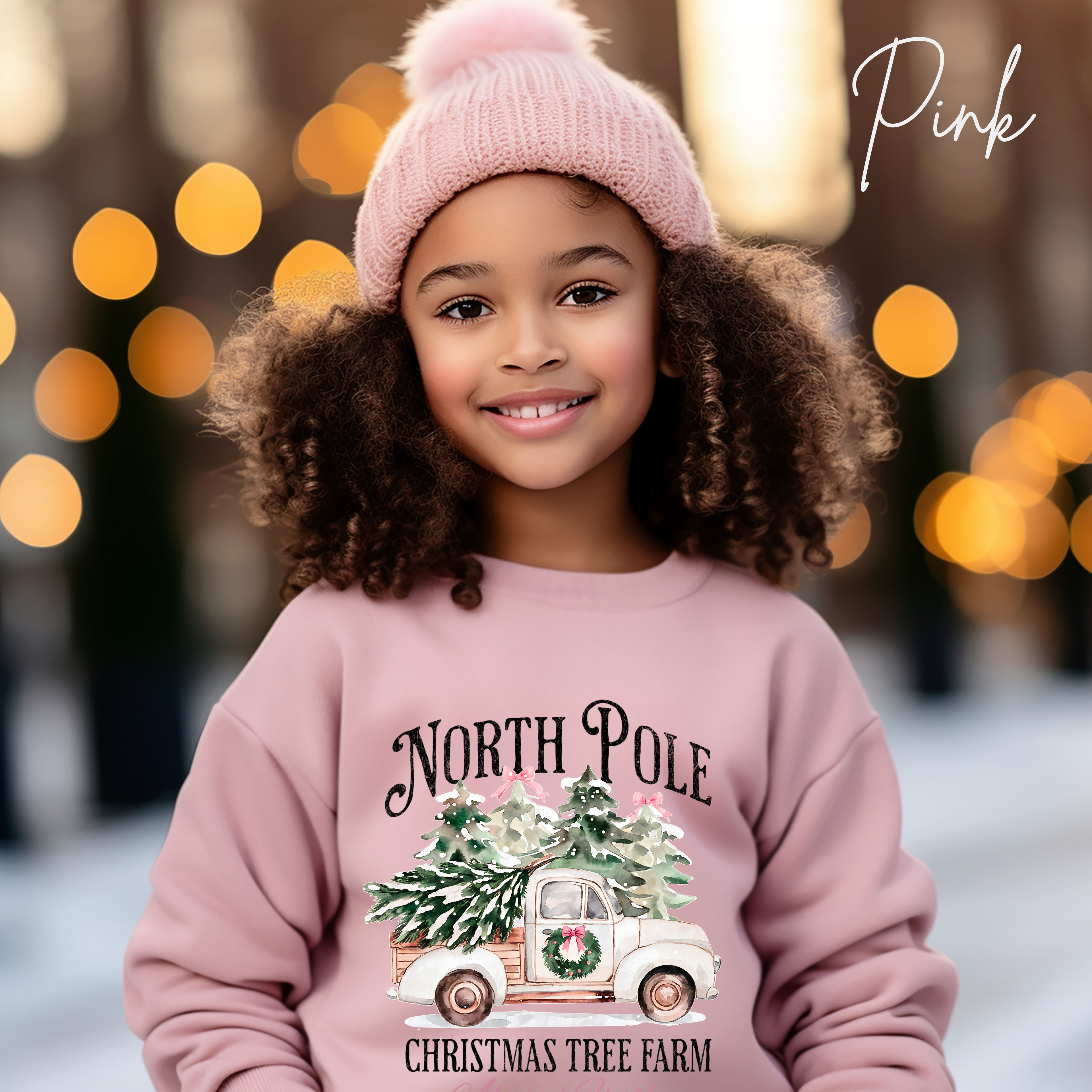 Kids North Pole Christmas Tree Farm Sweatshirt | Vintage Truck Holiday Kids Gildan 18000B Sweatshirt