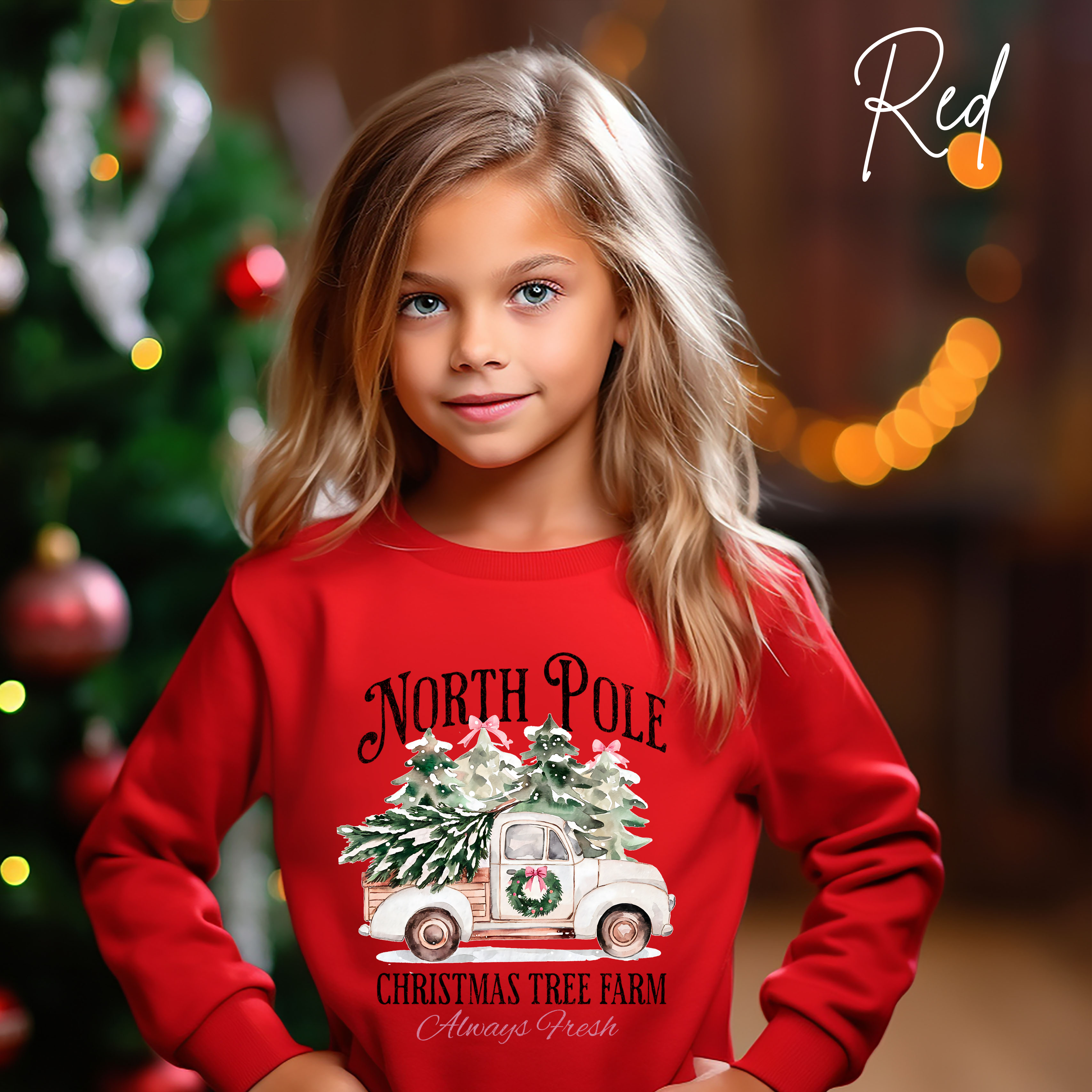 Kids North Pole Christmas Tree Farm Sweatshirt | Vintage Truck Holiday Kids Gildan 18000B Sweatshirt