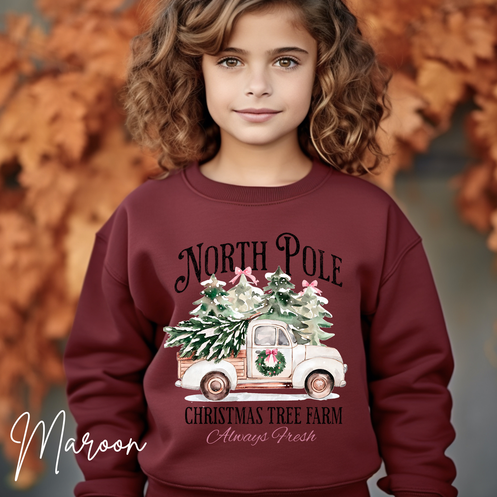 Kids North Pole Christmas Tree Farm Sweatshirt | Vintage Truck Holiday Kids Gildan 18000B Sweatshirt