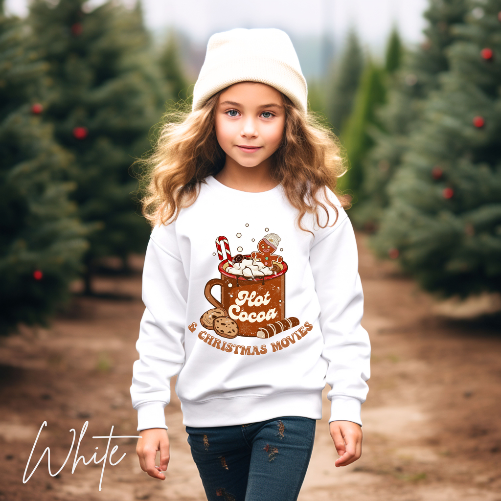 Hot Cocoa and Christmas Movies Kids Sweatshirt | Cute Gingerbread Cup Gildan 18000B Sweatshirt
