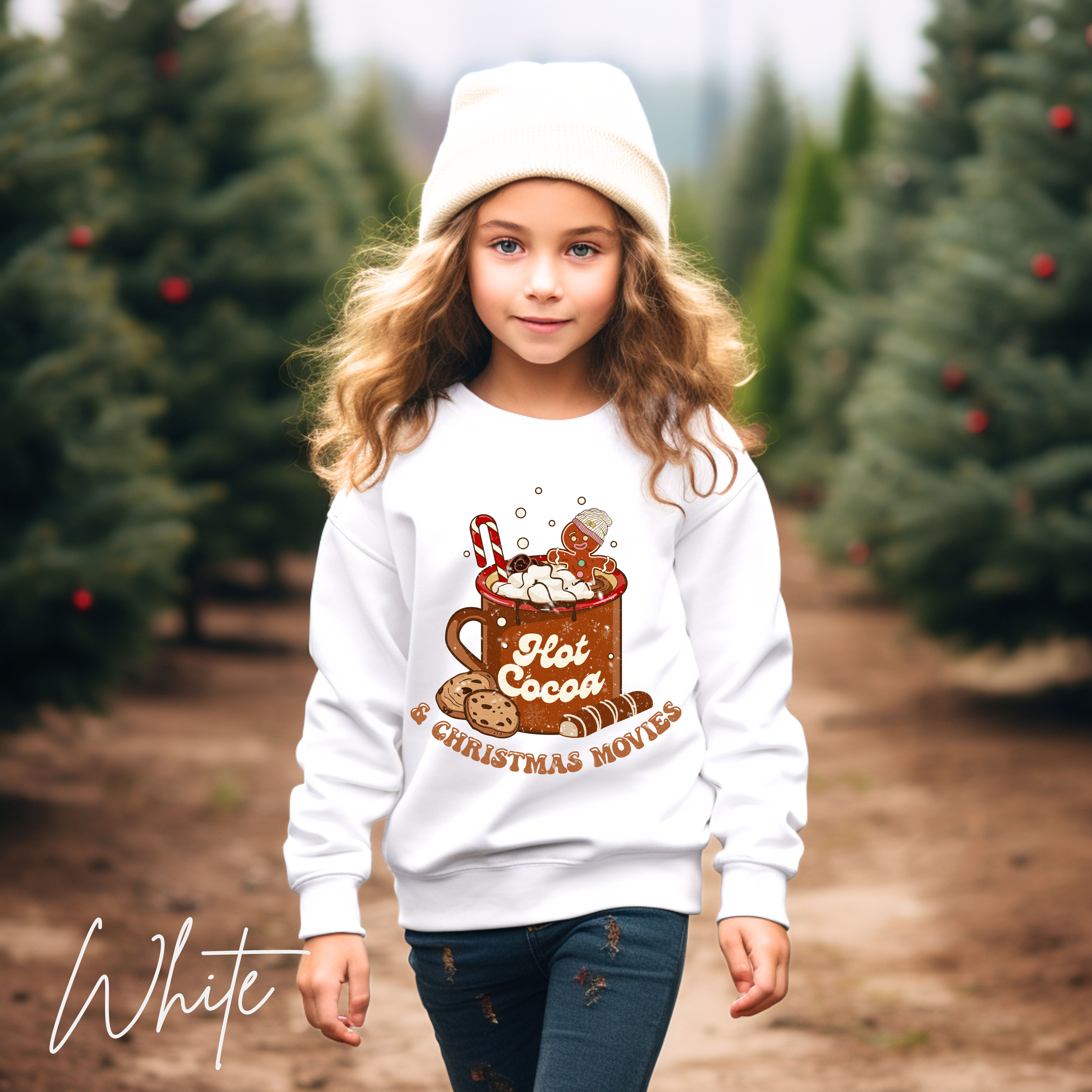 Hot Cocoa and Christmas Movies Kids Sweatshirt | Cute Gingerbread Cup Gildan 18000B Sweatshirt