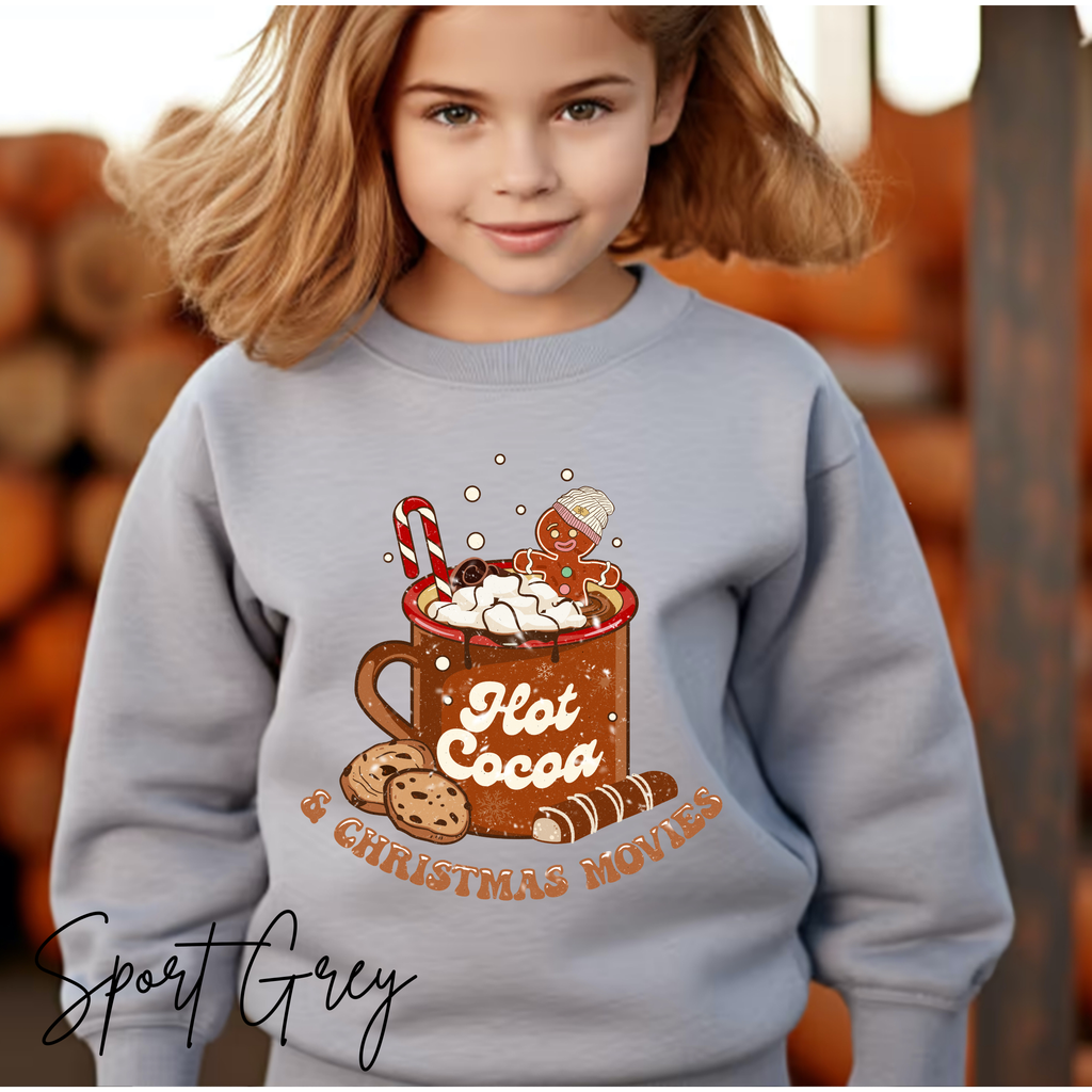 Hot Cocoa and Christmas Movies Kids Sweatshirt | Cute Gingerbread Cup Gildan 18000B Sweatshirt