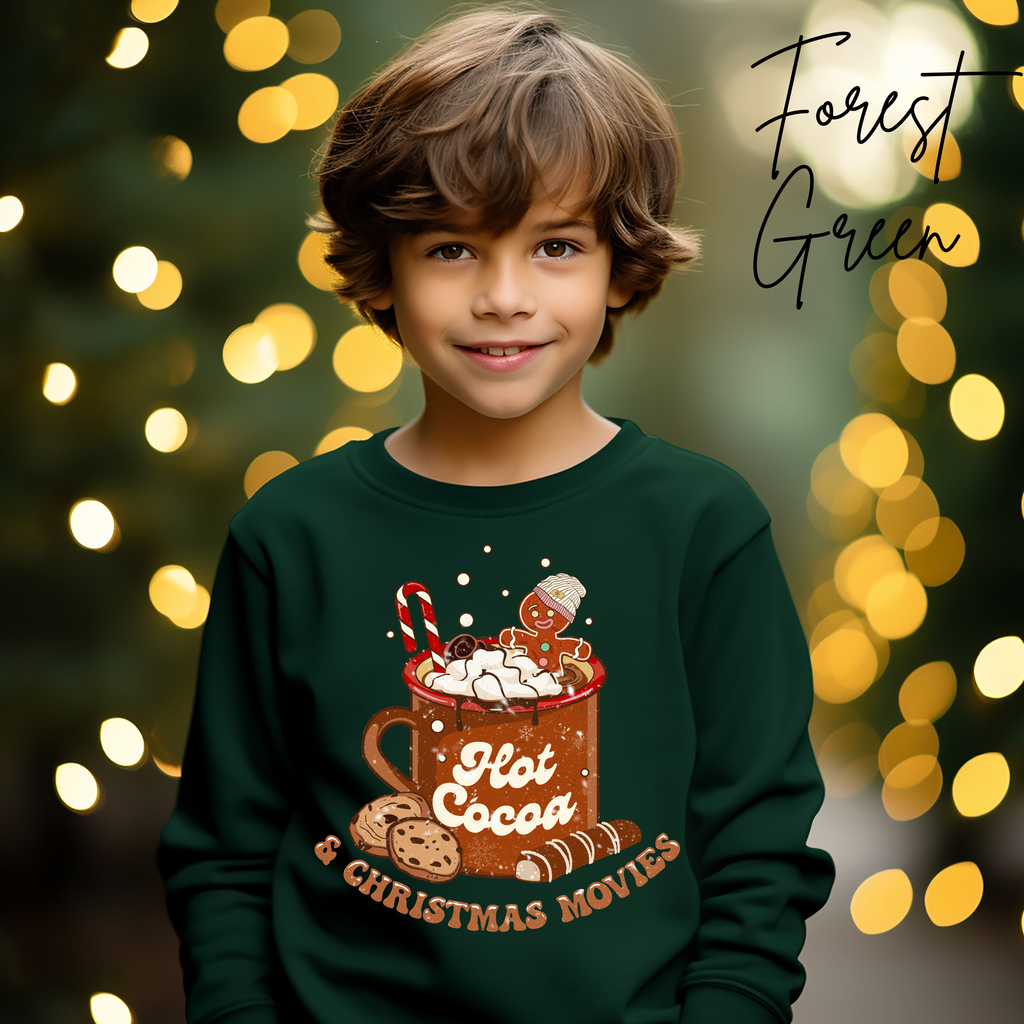 Hot Cocoa and Christmas Movies Kids Sweatshirt | Cute Gingerbread Cup Gildan 18000B Sweatshirt