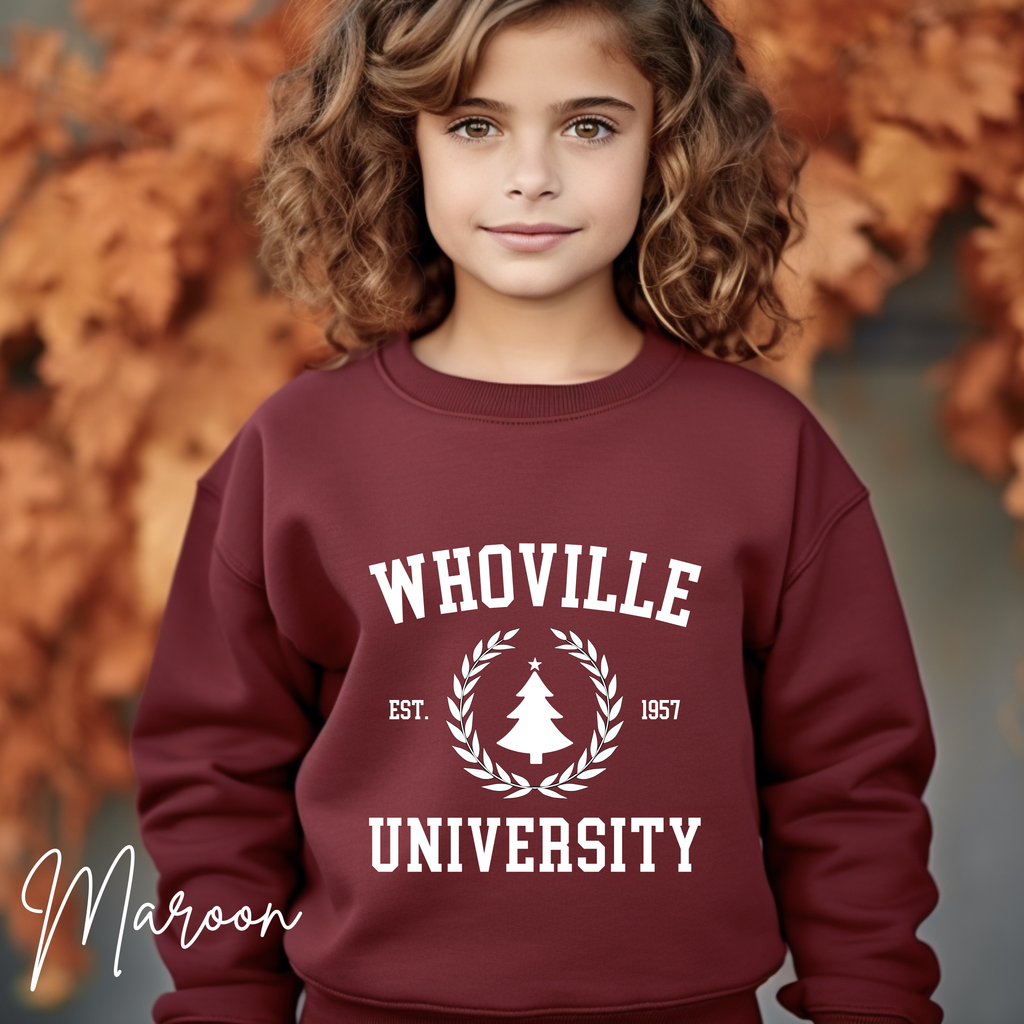 Kids Whoville University Sweatshirt | Christmas Grinch-Inspired Holiday Kids Gildan 18000B Sweatshirt