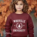 Kids Whoville University Sweatshirt | Christmas Grinch-Inspired Holiday Kids Gildan 18000B Sweatshirt