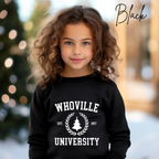 Kids Whoville University Sweatshirt | Christmas Grinch-Inspired Holiday Kids Gildan 18000B Sweatshirt