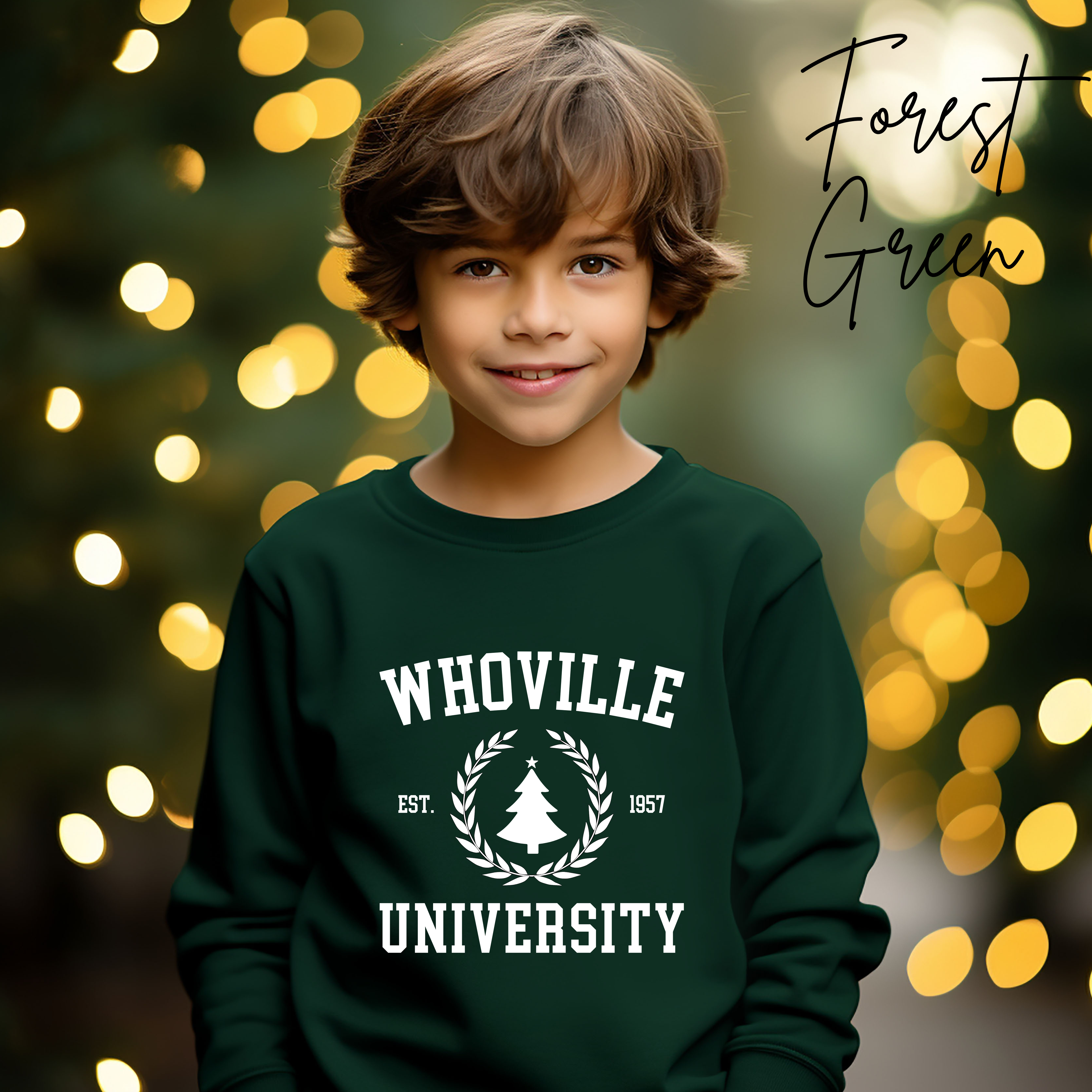 Kids Whoville University Sweatshirt | Christmas Grinch-Inspired Holiday Kids Gildan 18000B Sweatshirt