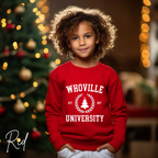 Kids Whoville University Sweatshirt | Christmas Grinch-Inspired Holiday Kids Gildan 18000B Sweatshirt