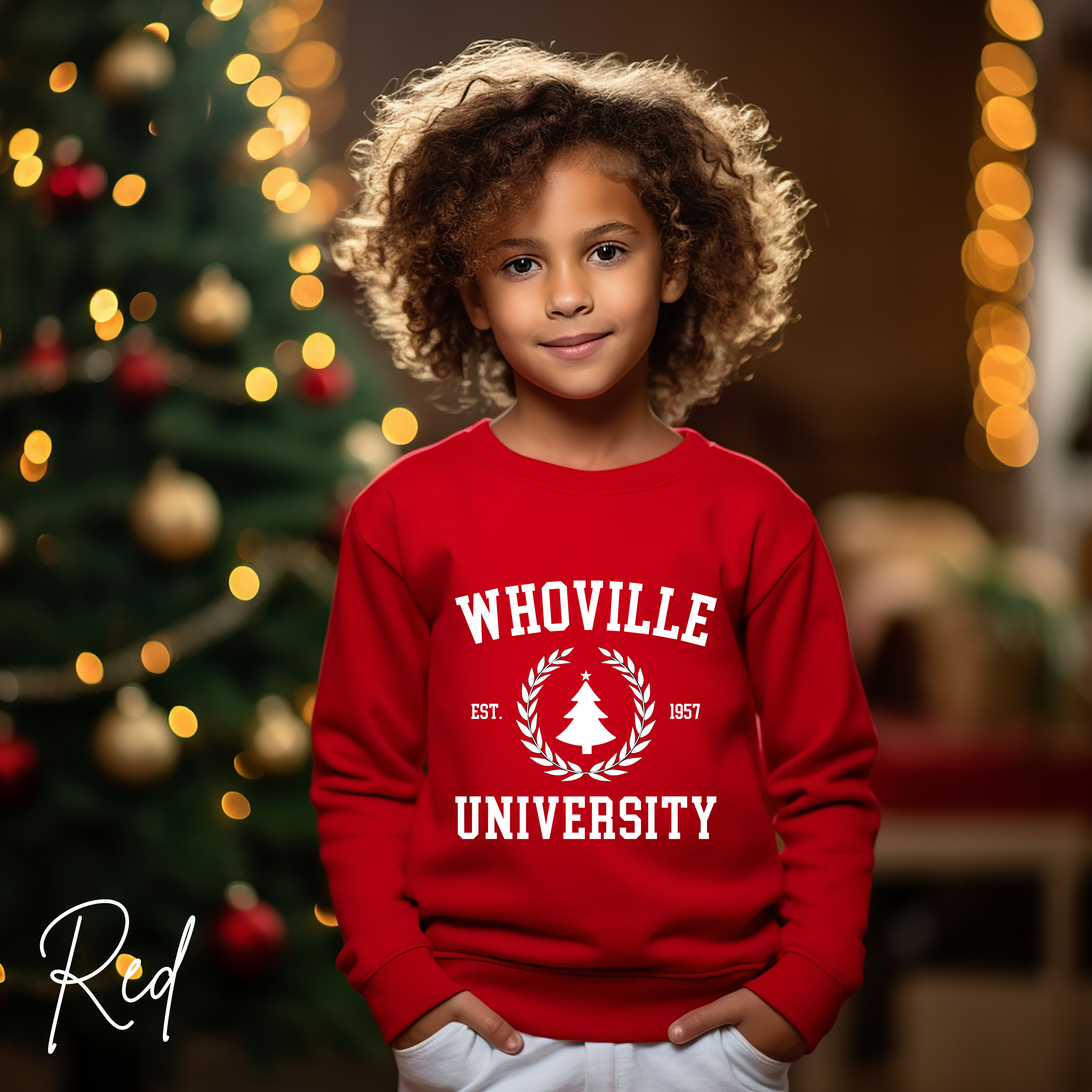 Kids Whoville University Sweatshirt | Christmas Grinch-Inspired Holiday Kids Gildan 18000B Sweatshirt