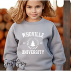 Kids Whoville University Sweatshirt | Christmas Grinch-Inspired Holiday Kids Gildan 18000B Sweatshirt