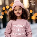 Kids Whoville University Sweatshirt | Christmas Grinch-Inspired Holiday Kids Gildan 18000B Sweatshirt