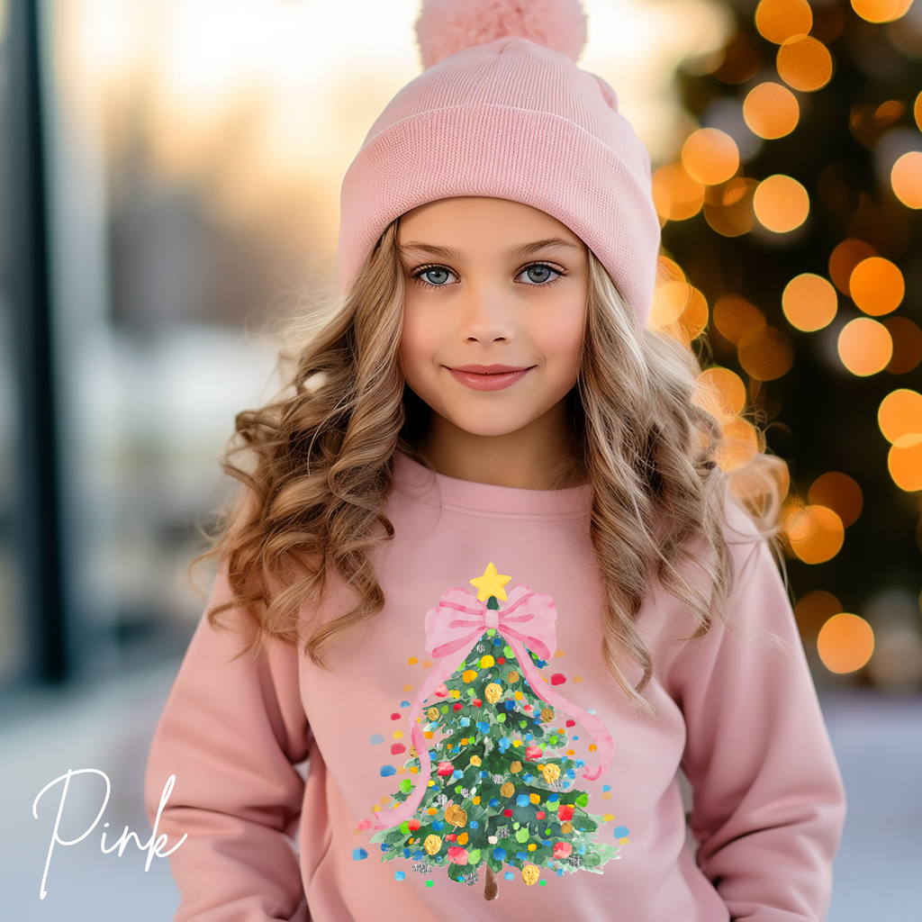Kids Pastel Christmas Tree Sweatshirt 🎀 | Coquette Bow Holiday Crewneck Gildan 18000B