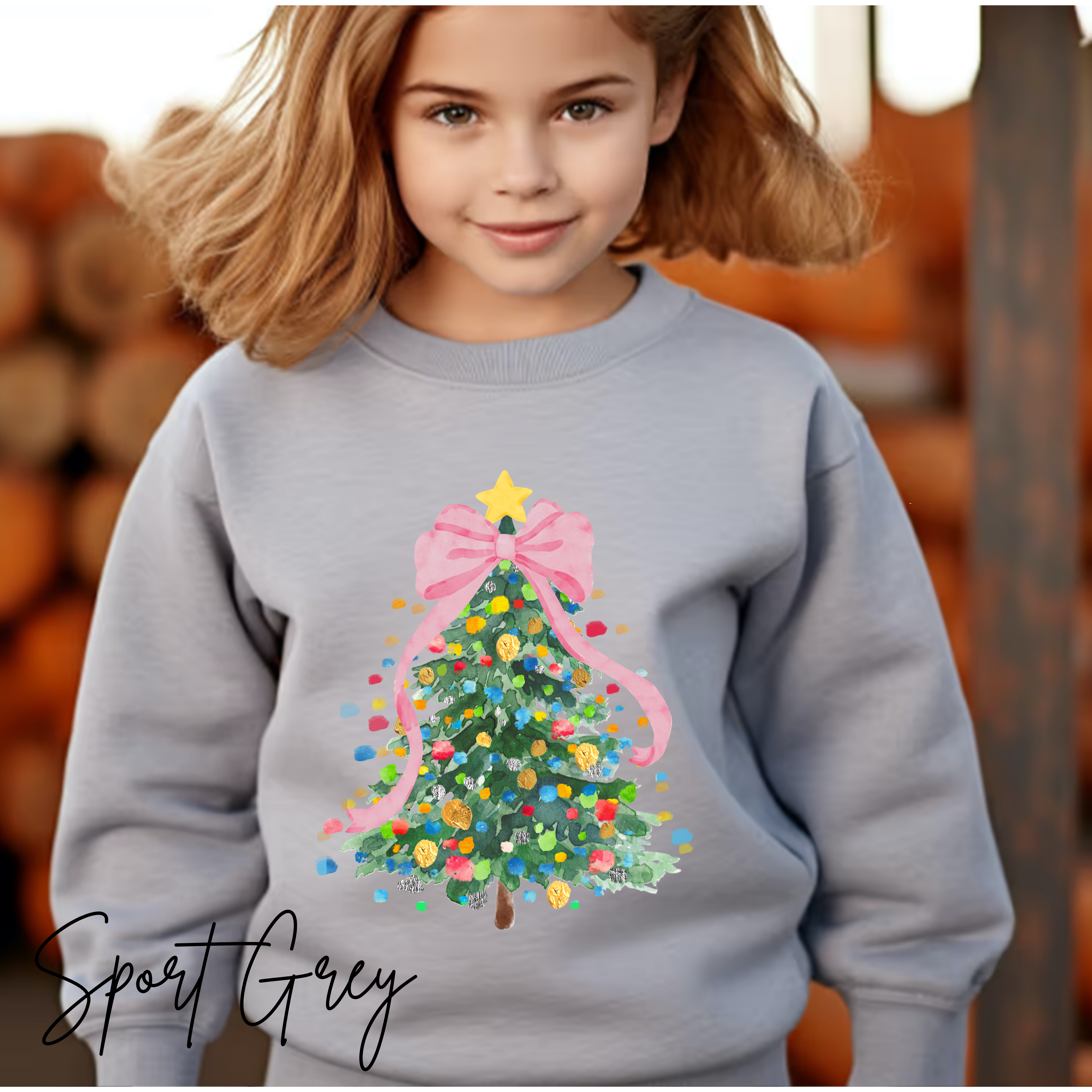 Kids Pastel Christmas Tree Sweatshirt 🎀 | Coquette Bow Holiday Crewneck Gildan 18000B