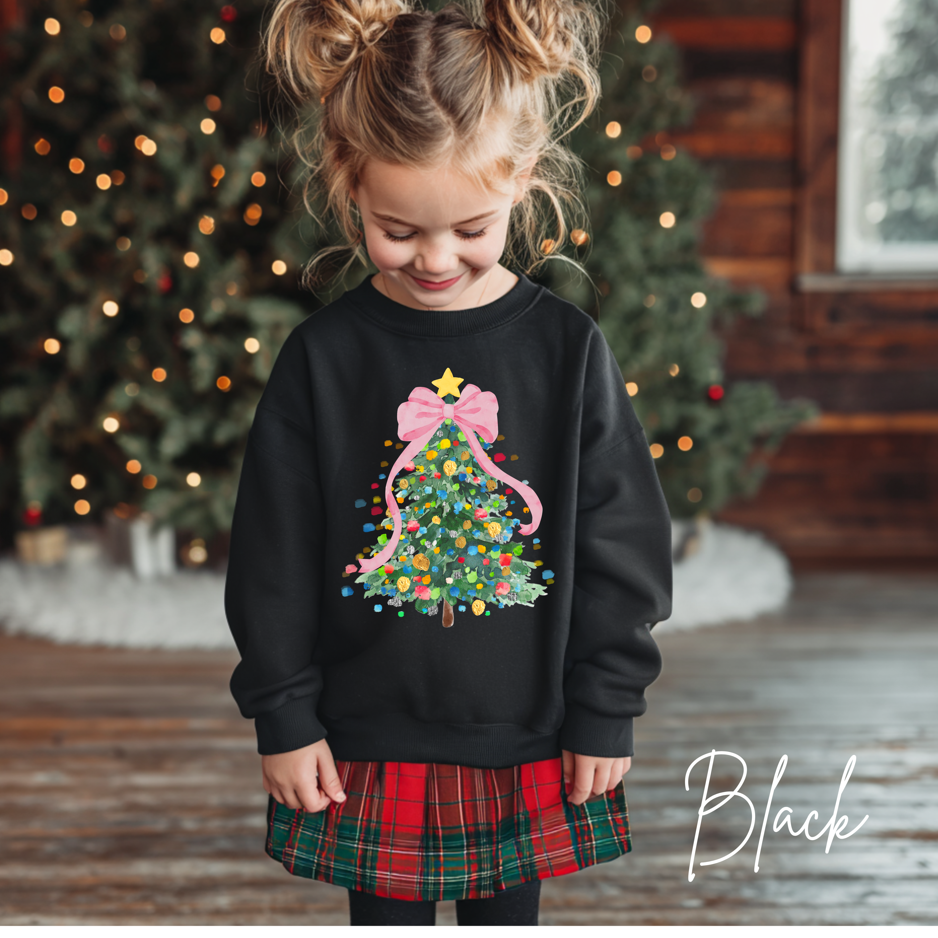 Kids Pastel Christmas Tree Sweatshirt 🎀 | Coquette Bow Holiday Crewneck Gildan 18000B