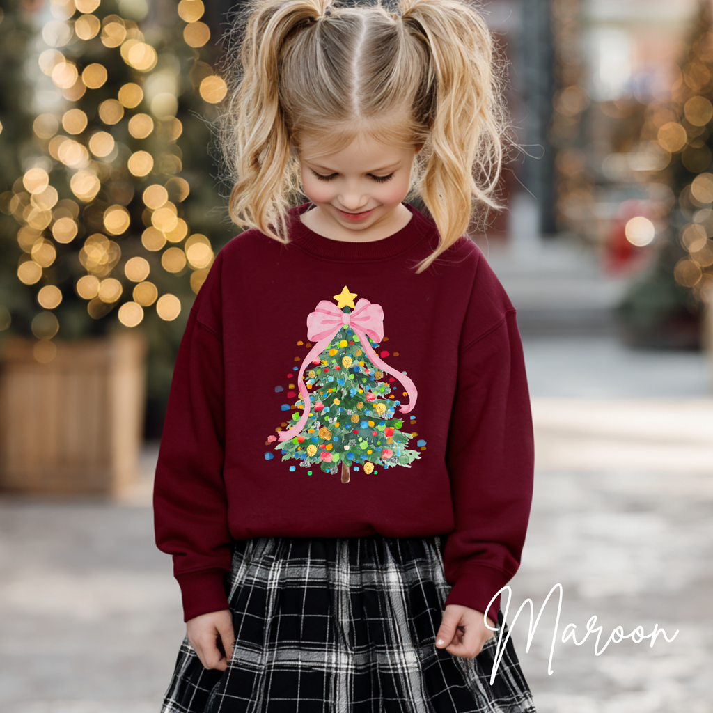 Kids Pastel Christmas Tree Sweatshirt 🎀 | Coquette Bow Holiday Crewneck Gildan 18000B