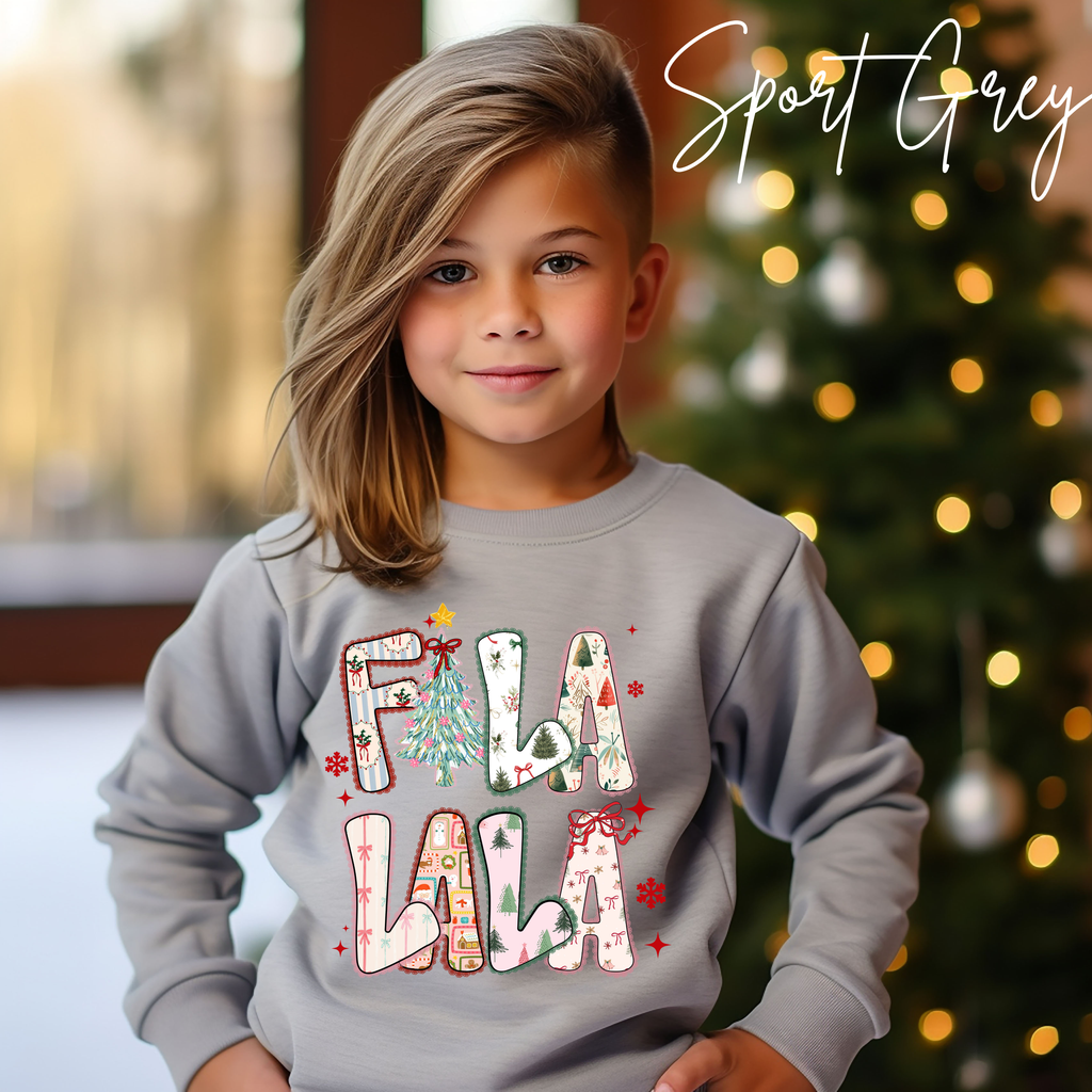 Kids Fa La La Christmas Sweatshirt | Festive Holiday Gildan 18000B Sweatshirt