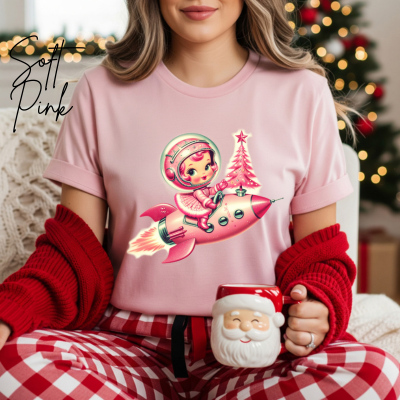 💖🚀🌸Vintage Space Girl Christmas Tee – Bella + Canvas 3001 | Retro Rocket Holiday Cutie T-Shirt 💖🚀🌸