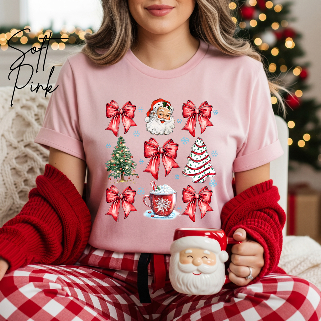 Coquette Christmas Grid T-Shirt 🎄 | Bows, Santa & Trees Aesthetic Holiday Women's Bella Canvas 3001 Tshirt