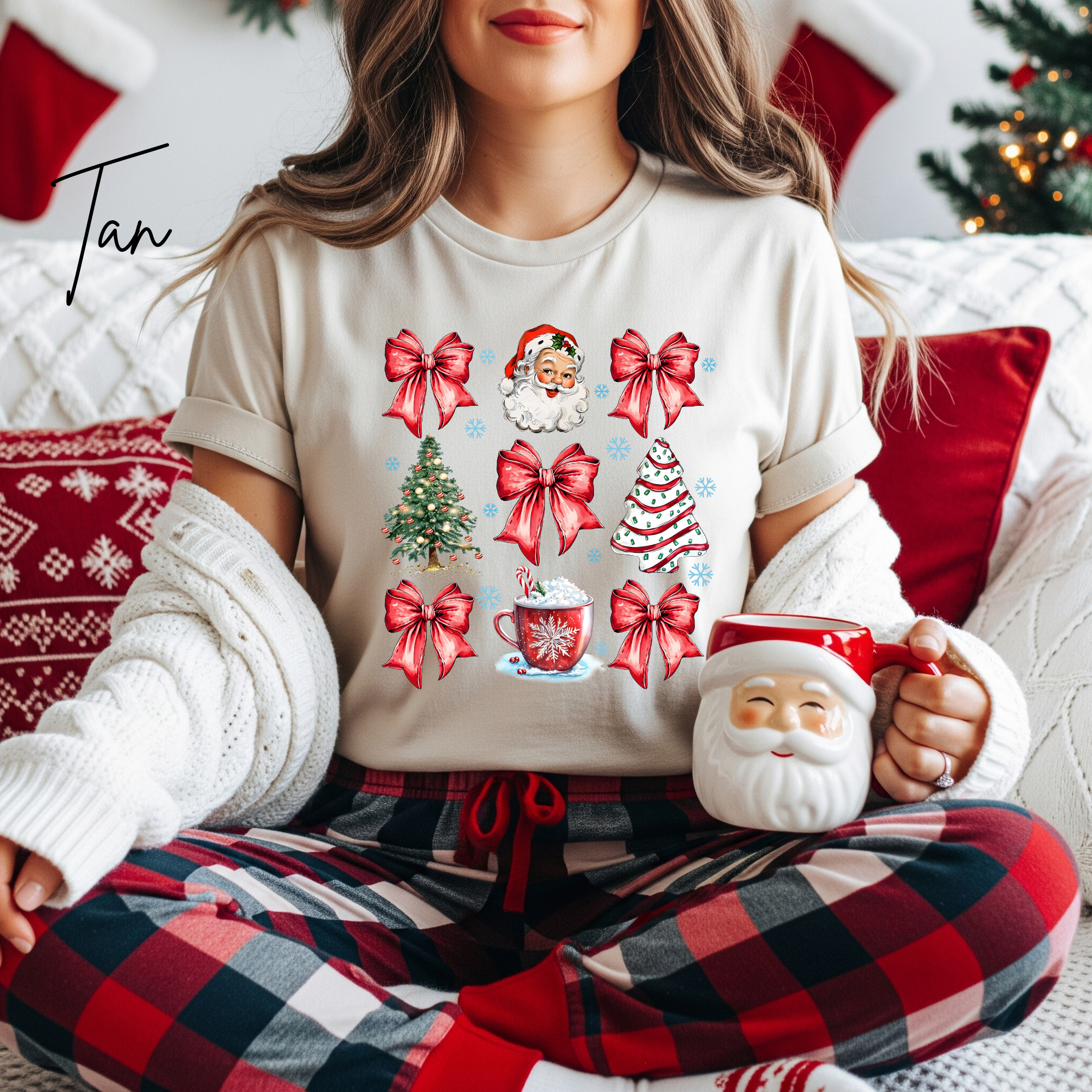 Coquette Christmas Grid T-Shirt 🎄 | Bows, Santa & Trees Aesthetic Holiday Women's Bella Canvas 3001 Tshirt