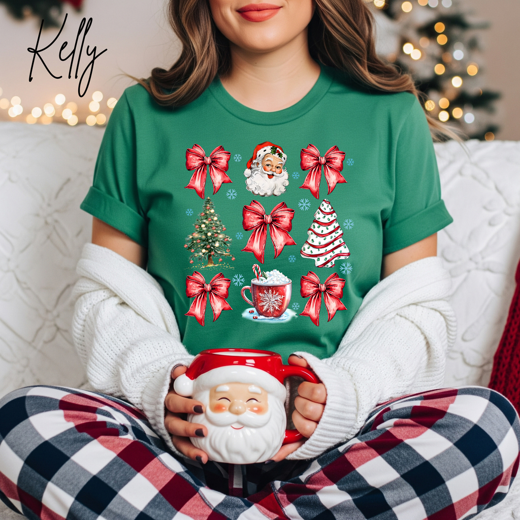 Coquette Christmas Grid T-Shirt 🎄 | Bows, Santa & Trees Aesthetic Holiday Women's Bella Canvas 3001 Tshirt