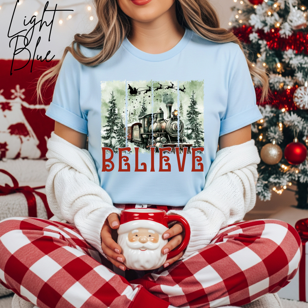Believe Christmas T-Shirt 🎅 | Polar Express Train & Santa Sleigh Graphic Bella Canvas 3001 Tee